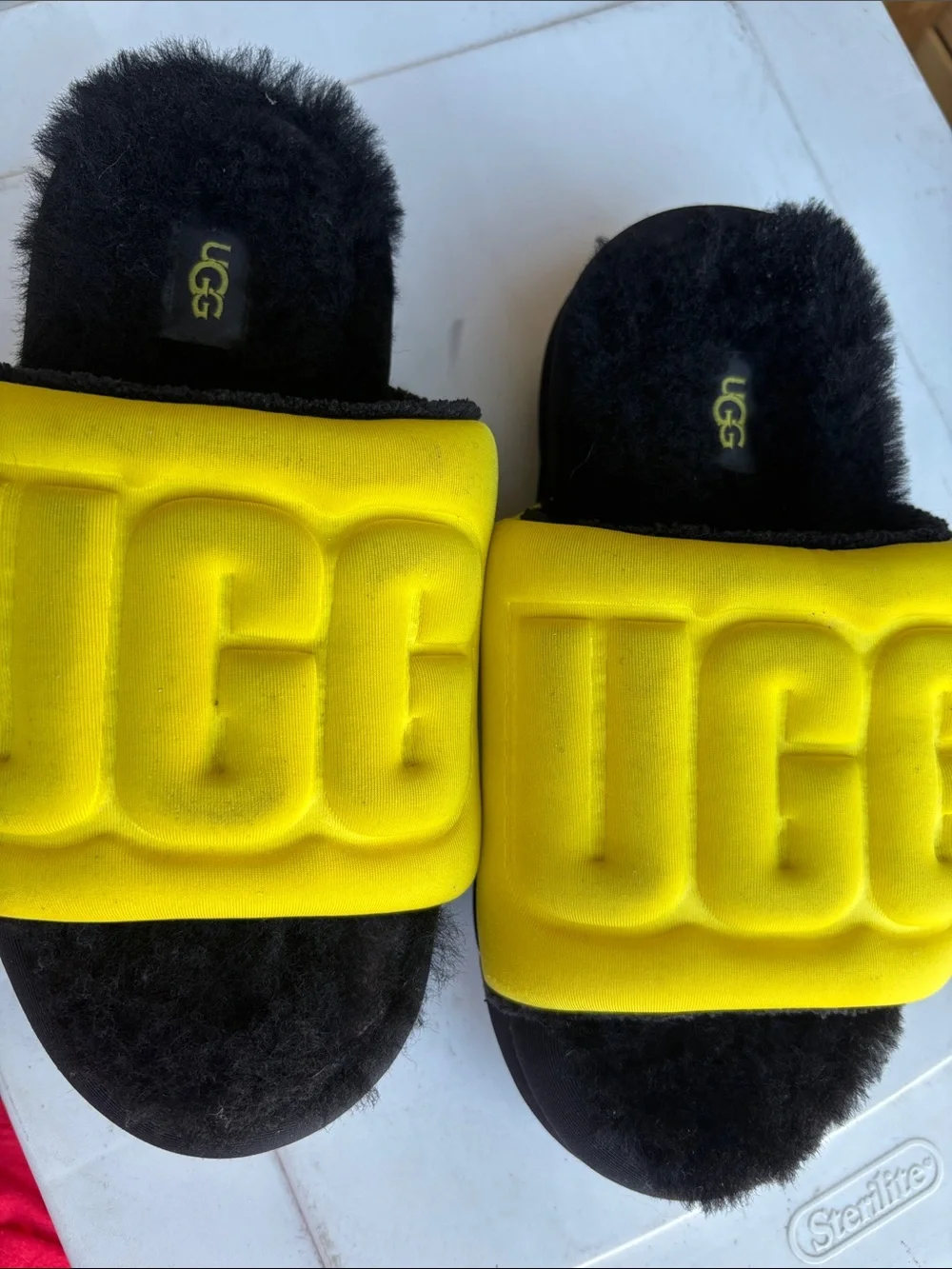 UGG Kids Black and Yellow Fluff Slide Sandals